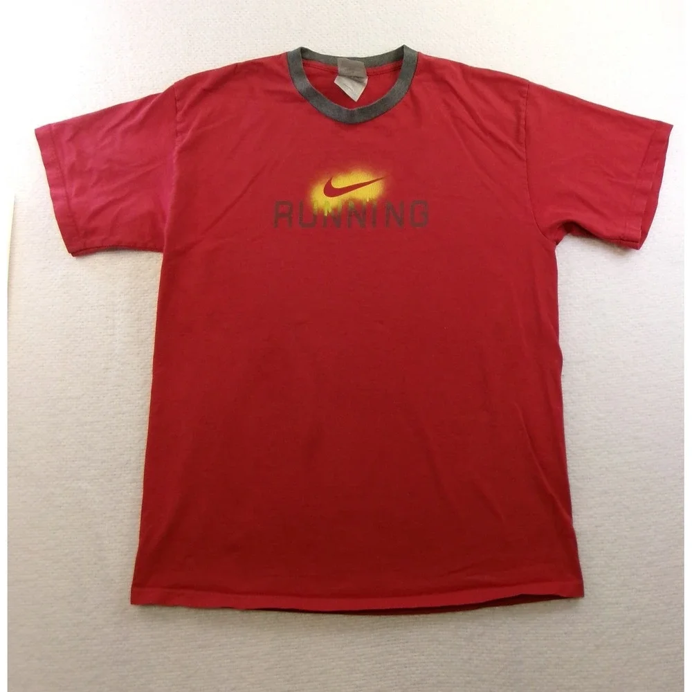 Nike Running Shirt Mens Medium Red Gray Ringer‎ Tee Y2K Graphic Swoosh Vintage